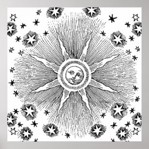 Middelaluwse Zodiak Zon Sterren Antieke Nachtelijk Poster