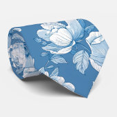 Middelblauw en wit chinoiserie bloemmotief stropdas (Opgerold)