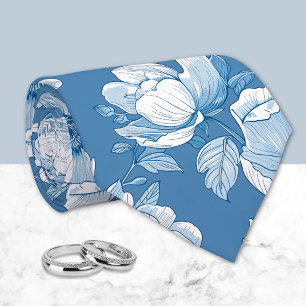 Middelblauw en wit chinoiserie bloemmotief stropdas