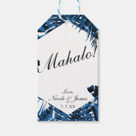 Middelblauwe denim tropische palmbladeren trouwjur cadeaulabel