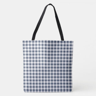 Middelblauwe spijkerbroek blauwe en witte geruite  tote bag