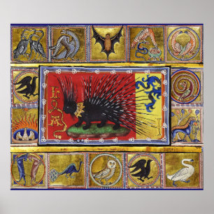 MIDDELEEUWS BESTIARIUM,ZWARTE EGEL KONING en DIERE Poster