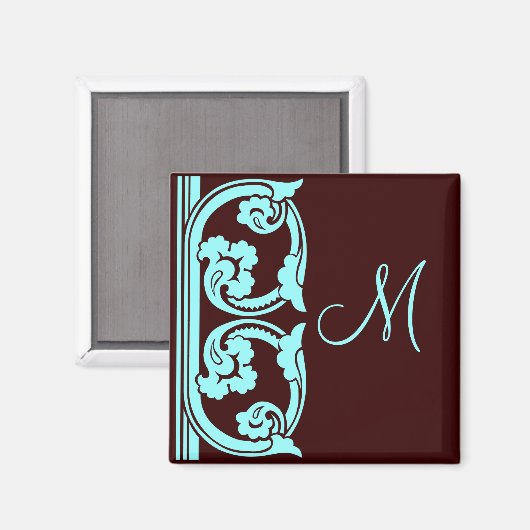 Middeleeuws Blauwgroen op Chocolate Brown Monogram Magneet (Voorkant / Achterkant)