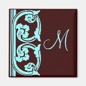 Middeleeuws Blauwgroen op Chocolate Brown Monogram Magneet (Voorkant)