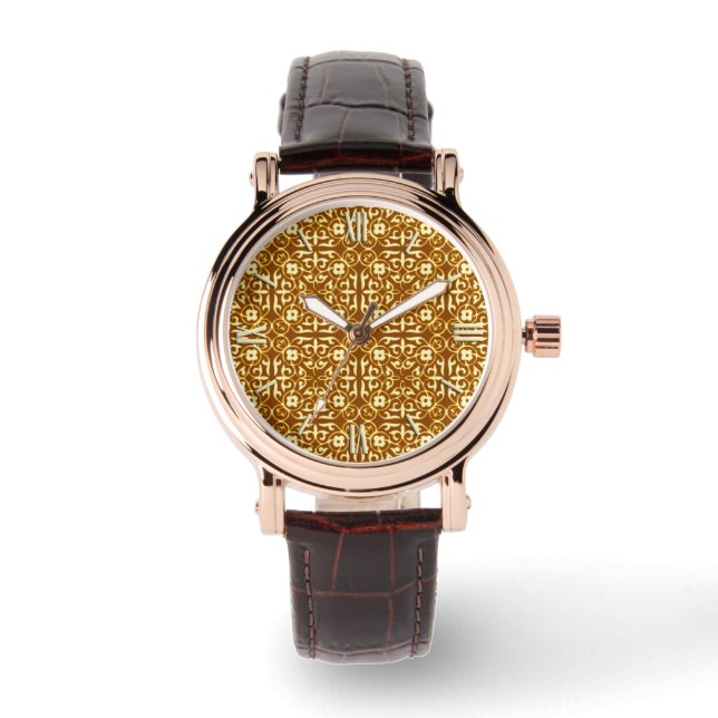 Middeleeuws damastpatroon, koper en crème horloge (Voorkant)