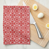 Middeleeuws damastpatroon, rood en wit theedoek (Quarter Fold)