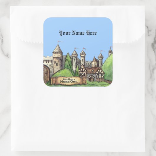 Middeleeuws dorpsontwerp vierkante sticker (Tas)