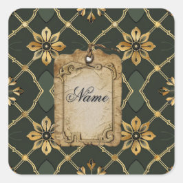 Middeleeuws elegant groen gepersonaliseerd vierkante sticker