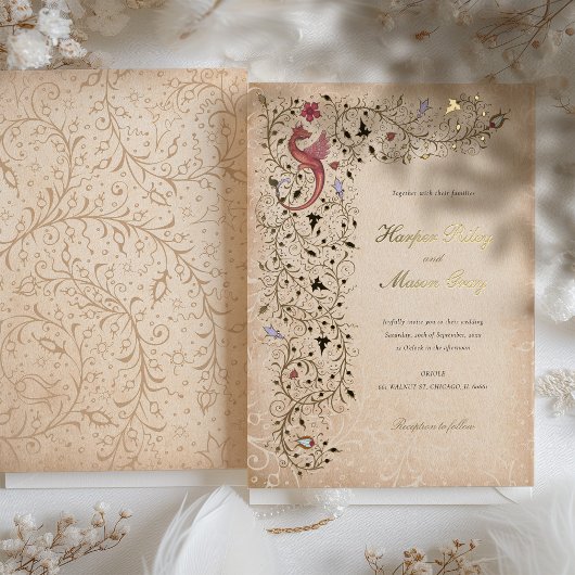 Middeleeuws geïnspireerde gouden bruiloft  scrollw folie uitnodiging