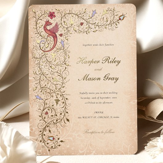 Middeleeuws geïnspireerde gouden bruiloft scrollw folie uitnodiging