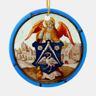 Middeleeuws Glas in lood Engel en wapenschild Keramisch Ornament