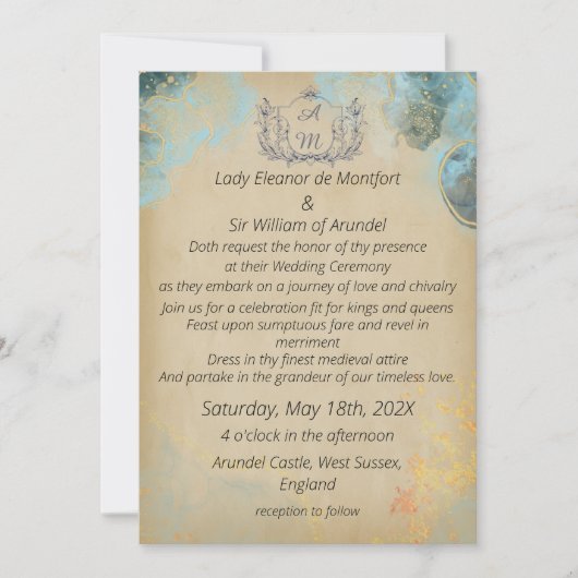 Middeleeuws goud groen marmeren perkament bruiloft kaart (Voorkant)