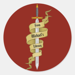 Middeleeuws gouden zwaard uit de bibliotheek van ronde sticker