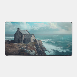 Middeleeuws huisje op een klif bureaumat