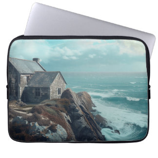 Middeleeuws huisje op een klif laptop sleeve