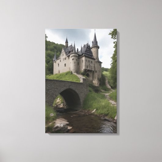 Middeleeuws kasteel aan een stroom canvas afdruk (Voorkant)