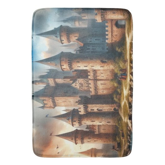 Middeleeuws kasteel bij een rustige rivier bij zon badmat (Voorkant Verticaal)