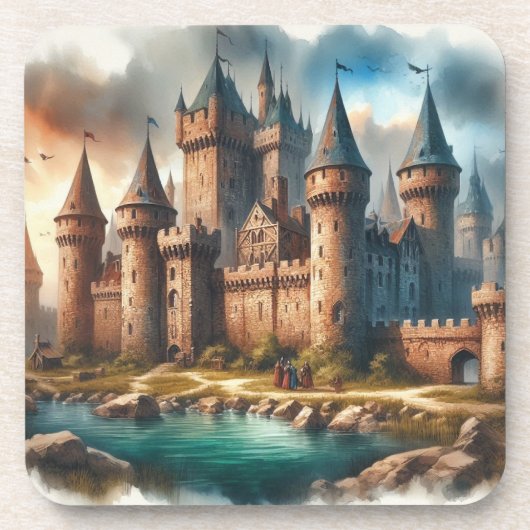 Middeleeuws kasteel bij een rustige rivier bij zon bier onderzetter (Voorkant)