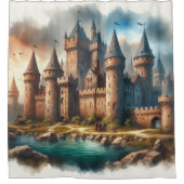 Middeleeuws kasteel bij een rustige rivier bij zon douchegordijn (Voorkant)