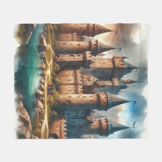 Middeleeuws kasteel bij een rustige rivier bij zon fleece deken (Voorkant (Horizontaal))