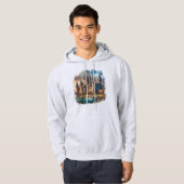 Middeleeuws kasteel bij een rustige rivier bij zon hoodie (Voorkant volledig)