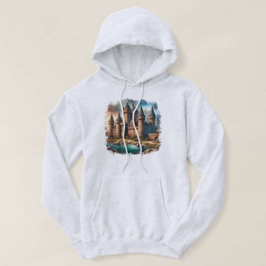Middeleeuws kasteel bij een rustige rivier bij zon hoodie (Design voorkant)