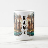 Middeleeuws kasteel bij een rustige rivier bij zon koffiemok (Center)