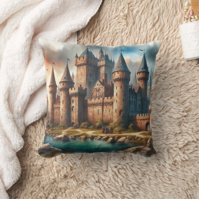 Middeleeuws kasteel bij een rustige rivier bij zon kussen (Deken)