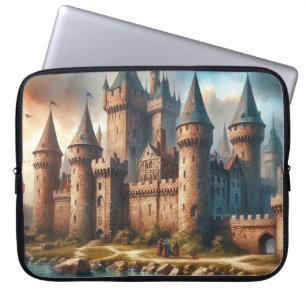 Middeleeuws kasteel bij een rustige rivier bij zon laptop sleeve