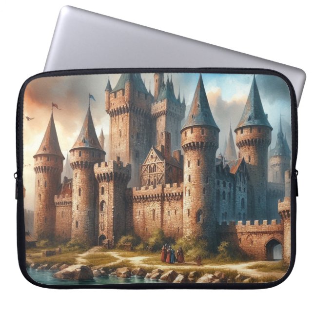 Middeleeuws kasteel bij een rustige rivier bij zon laptop sleeve (Voorkant)
