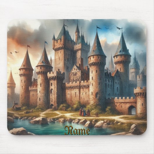 Middeleeuws kasteel bij een rustige rivier bij zon muismat (Voorkant)