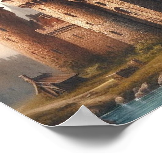 Middeleeuws kasteel bij een rustige rivier bij zon poster (Hoek)