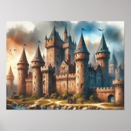 Middeleeuws kasteel bij een rustige rivier bij zon poster