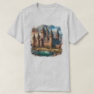 Middeleeuws kasteel bij een rustige rivier bij zon t-shirt