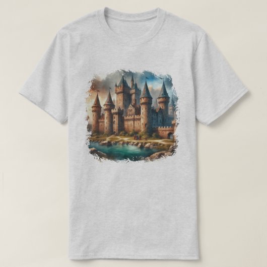 Middeleeuws kasteel bij een rustige rivier bij zon t-shirt (Design voorkant)