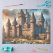 Middeleeuws kasteel bij een rustige rivier bij zon tissuepapier (Craft)