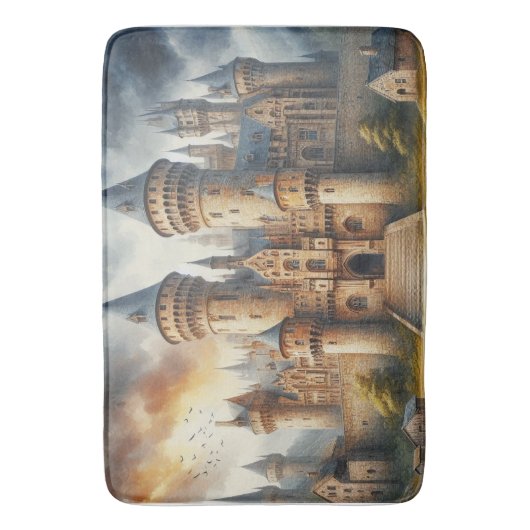 Middeleeuws kasteel bij zonsondergang met sfeervol badmat (Voorkant Verticaal)