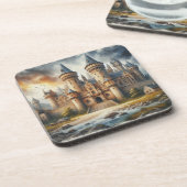 Middeleeuws kasteel bij zonsondergang met sfeervol bier onderzetter (Linkerzijde)