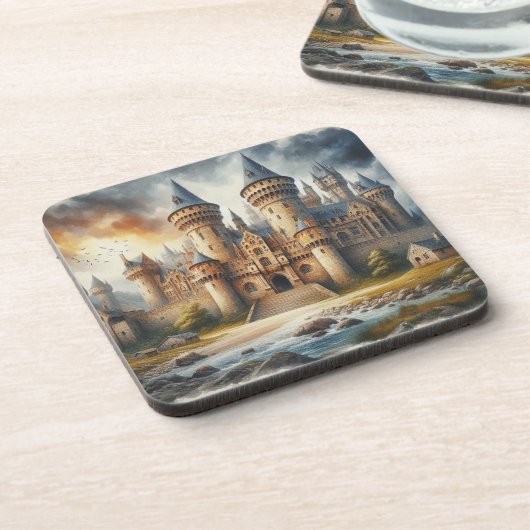 Middeleeuws kasteel bij zonsondergang met sfeervol bier onderzetter (Linkerzijde)