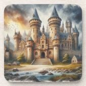 Middeleeuws kasteel bij zonsondergang met sfeervol bier onderzetter (Voorkant)