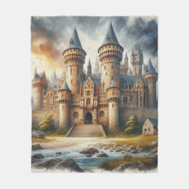 Middeleeuws kasteel bij zonsondergang met sfeervol fleece deken