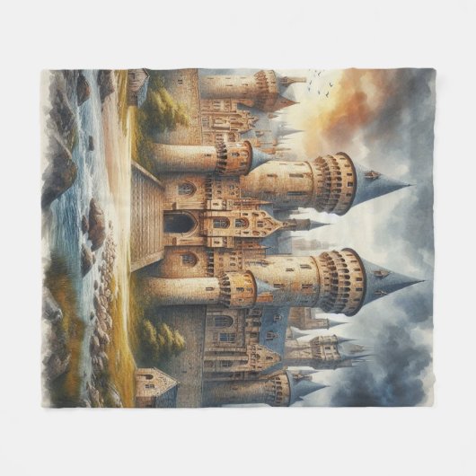 Middeleeuws kasteel bij zonsondergang met sfeervol fleece deken (Voorkant (Horizontaal))