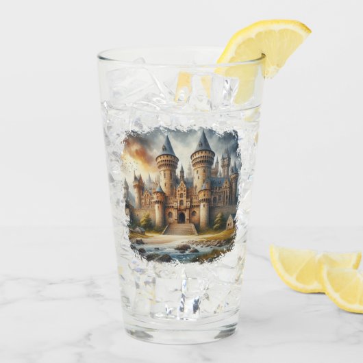 Middeleeuws kasteel bij zonsondergang met sfeervol glas (Achterkant ijs)