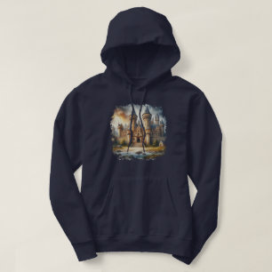 Middeleeuws kasteel bij zonsondergang met sfeervol hoodie