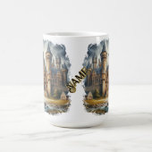 Middeleeuws kasteel bij zonsondergang met sfeervol koffiemok (Center)