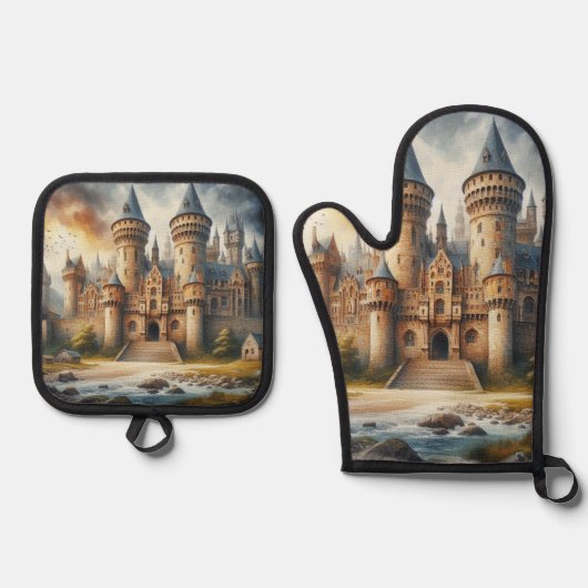 Middeleeuws kasteel bij zonsondergang met sfeervol ovenwant & pannenlap set (Voorkant)