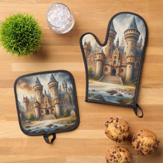 Middeleeuws kasteel bij zonsondergang met sfeervol ovenwant & pannenlap set (Top down)