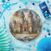 Middeleeuws kasteel bij zonsondergang met sfeervol papieren bordje (Feest)