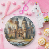 Middeleeuws kasteel bij zonsondergang met sfeervol papieren bordje (Feest)