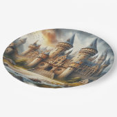 Middeleeuws kasteel bij zonsondergang met sfeervol papieren bordje (Gekanteld)